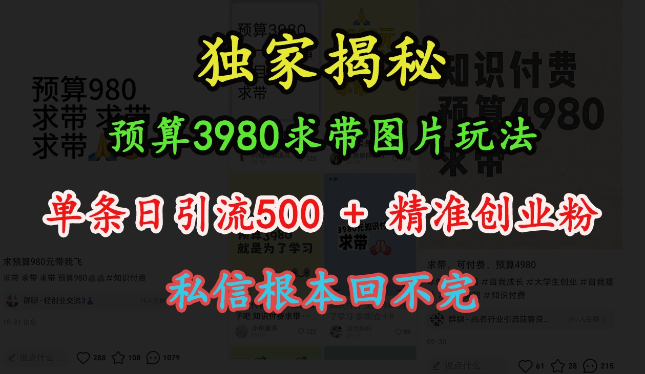 “小红书”预算3980求带 图片玩法,单条日引流500+精准创业粉,私信根本回不完 第1张 “小红书”预算3980求带 图片玩法,单条日引流500+精准创业粉,私信根本回不完 第1张